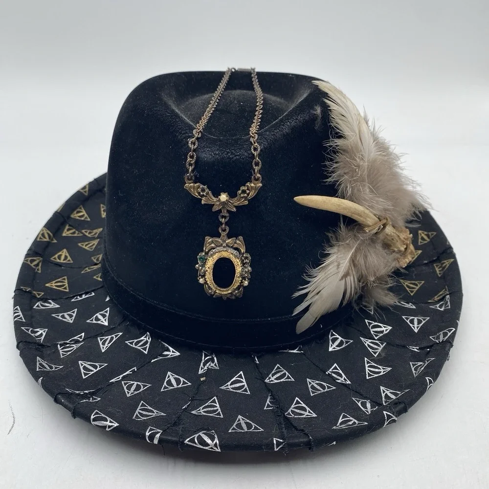 Steampunk Harry Porter Deathly Hallows Hat Black Fedora Size‎ 7 1/8 Feather